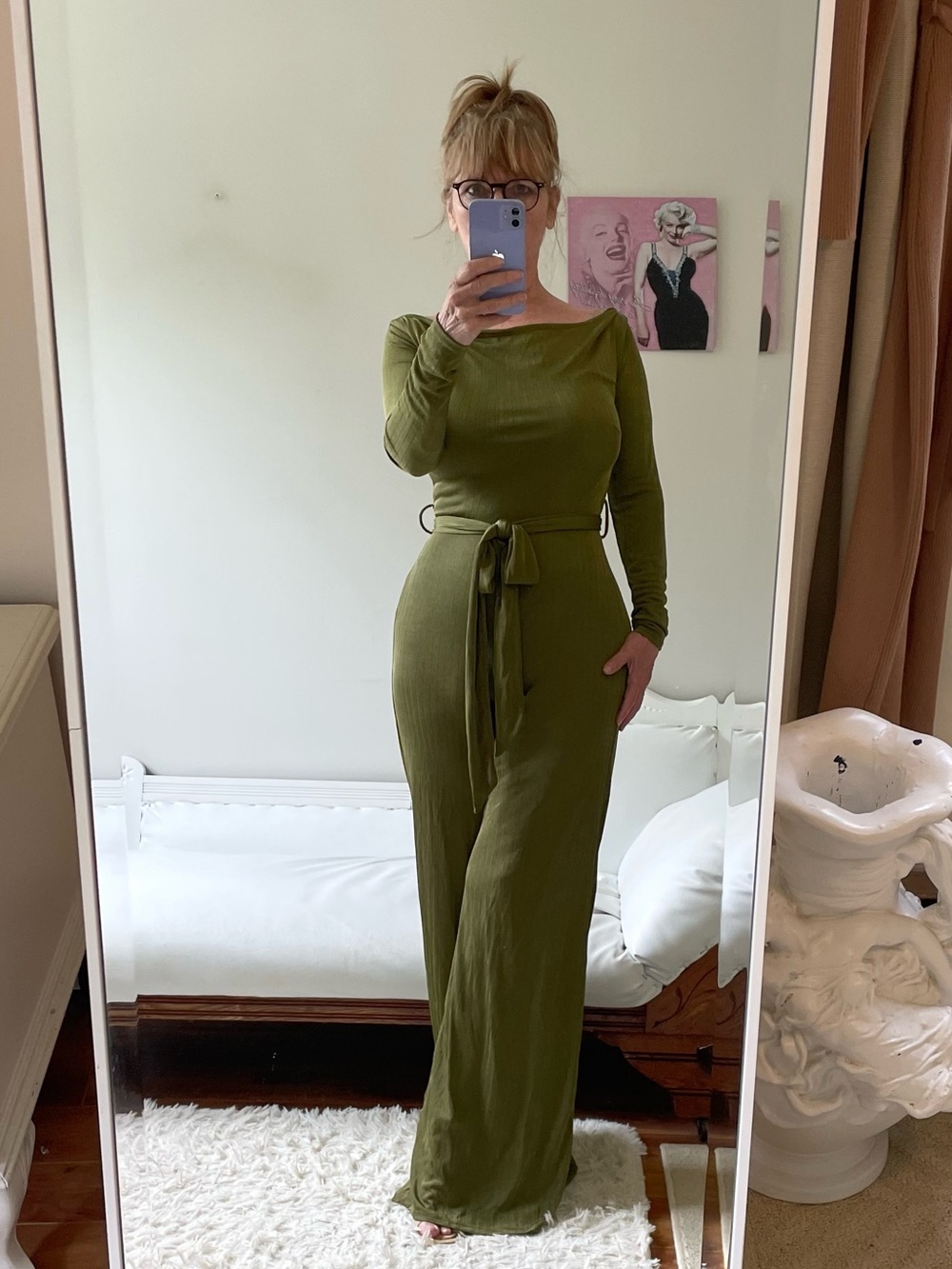 NWT WINDSOR KIWI OLIVE GREEN LONG SLEEVE JERSEY RIBBED JUMPSUIT BELT WIDE LEGS